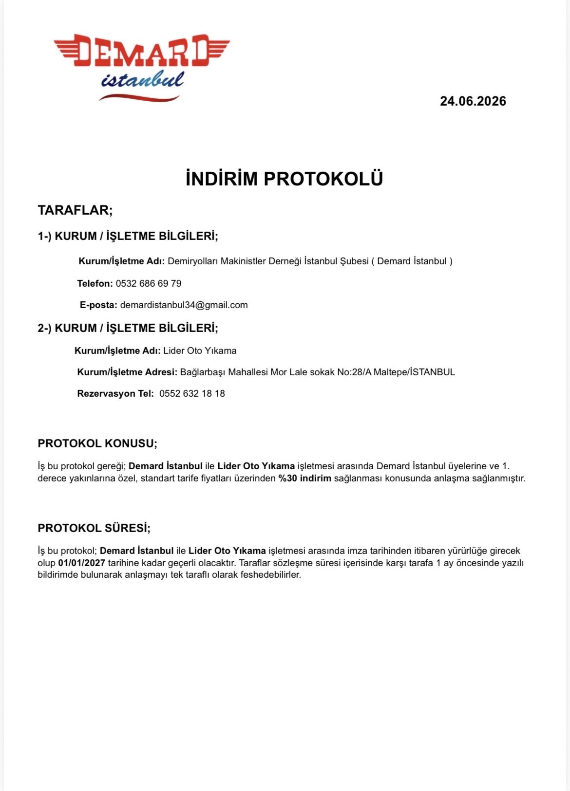 LİDER Oto Yıkama İndirim Protokolü